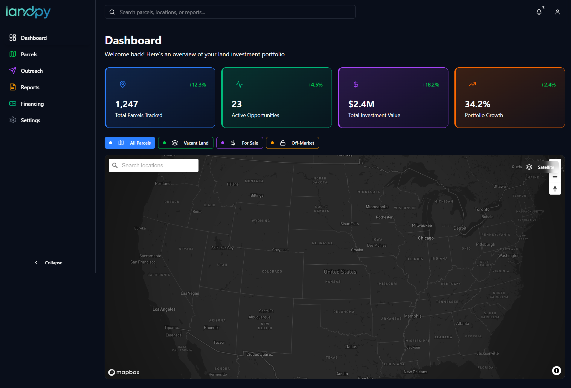 Landpy Dashboard with interactive US land map
